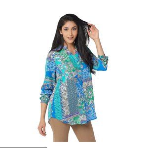 Joan Rivers Patchwork Blue Print Textured Blouse, Size 2